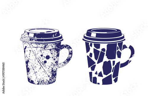 Grunge texture Two coffee cups with lids and handles in blue and white colors with different designs and patterns for beverage or drink concepts Vintage Style