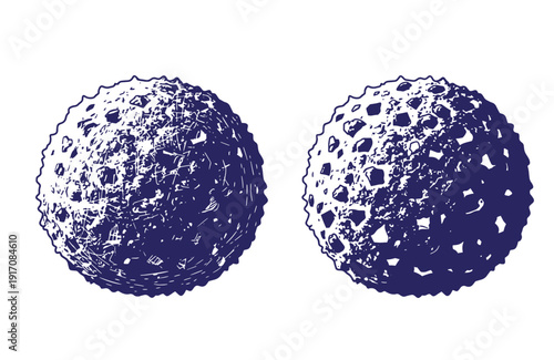 Grunge texture Two dark blue cratered rocky planetary bodies or asteroids with rugged surface texture on white background Vintage Style