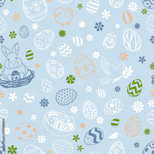 Easter seamless pattern with eggs, bunny, chick, dove, flowers on blue background.