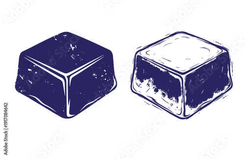 Grunge texture Two dark blue ice cubes with white highlights on white background Vintage Style