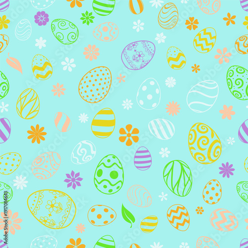 Easter seamless pattern with colorful eggs, flowers on blue background, decorated eggs, spring holiday design elements.