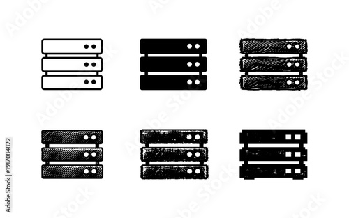 Collection of server rack icons in different styles, representing data storage and technology