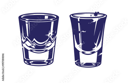 Grunge texture Two empty shot glasses with a vintage aesthetic and distressed texture on a plain white background  simple still life composition Vintage Style