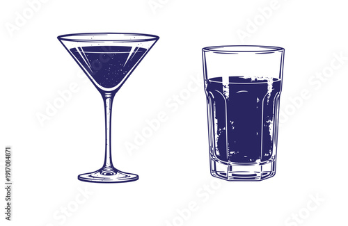 Grunge texture Two glasses of alcoholic beverage one martini and one highball glass on white background Vintage Style