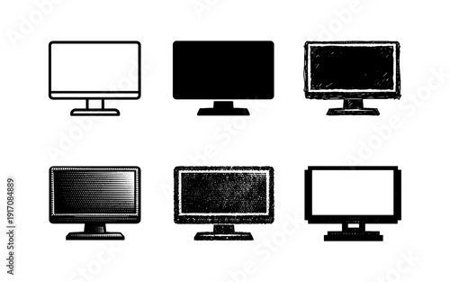 Collection of six different computer monitor icons in various artistic styles