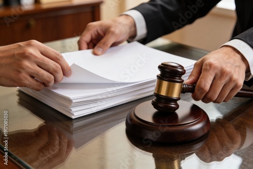 Wallpaper Mural A lawyer's hands looking through a stack of legal documents next to a wooden gavel on a glass desk. Torontodigital.ca