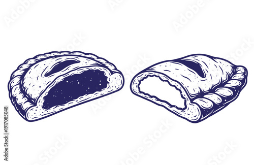 Grunge texture Two halves of a savory and sweet empanadas on white background  traditional Latin American cuisine Vintage Style