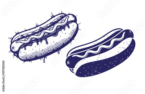 Grunge texture Two hot dogs one with toppings and condiments and another plain on white background Vintage Style