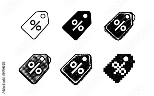 Collection of discount tags with percentage symbols in various artistic styles