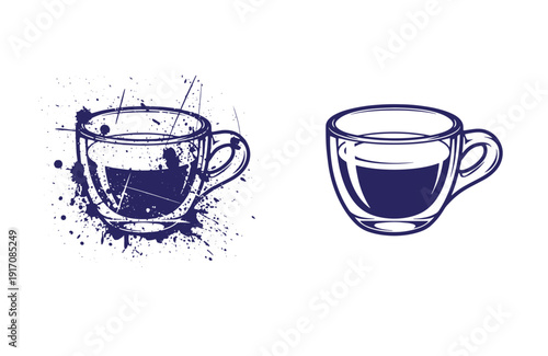 Grunge texture Two navy blue coffee cups one with paint splashes on white background Vintage Style