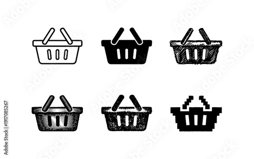 Collection of shopping basket icons in various artistic styles and formats