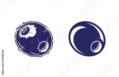 Grunge texture Two navy blue planet icons with moons in different styles on white background  one cracked and grungy and the other smooth Vintage Style