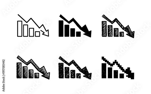Collection of hand-drawn bar charts showing a downward trend with arrows indicating decline