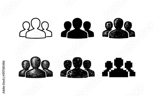 Collection of diverse group icons representing people in various artistic styles