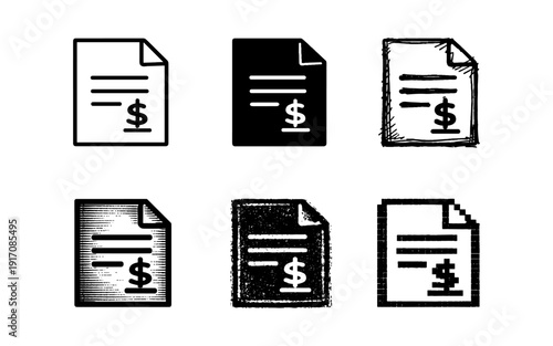 Collection of six different invoice icons with dollar sign and varying styles