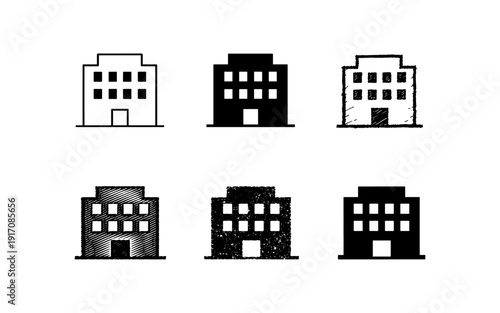 Collection of building icons in various styles, including outline, solid, and textured fills