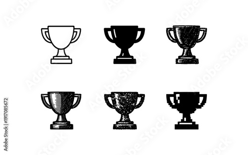 Collection of six trophy icons in various artistic styles for achievement and victory