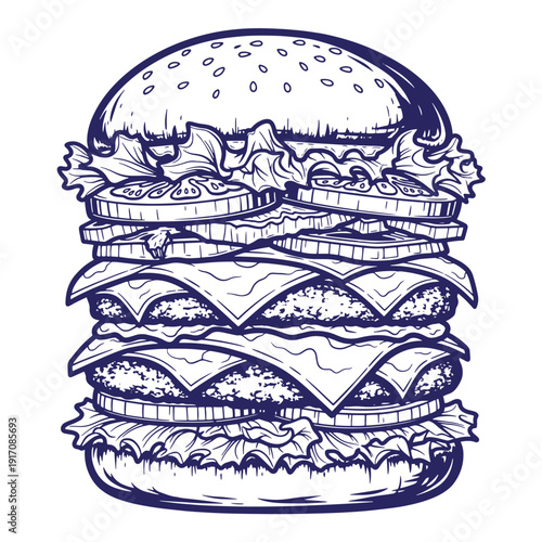 Grunge texture a large hamburger with multiple layers  cheese lettuce tomato on a sesame seed bun Vintage Style