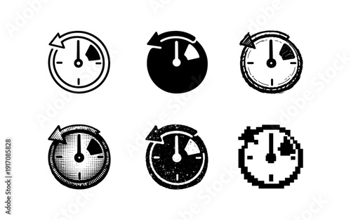 Collection of six different clock icons representing time and speed in various artistic styles