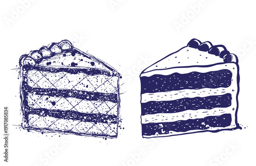 Grunge texture Two slices of cake with frosting and berries on top in a sketch style  dessert illustration Vintage Style