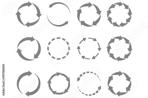 Set of circle arrows rotating on white background. Refresh, reload, recycle, loop rotation sign collection. Black circle arrows for infographics, web design. Vector illustration, flat style, clip art.