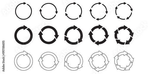 Set of circle arrows rotating on white background. Refresh, reload, recycle, loop rotation sign collection. Black circle arrows for infographics, web design. Vector illustration, flat style, clip art