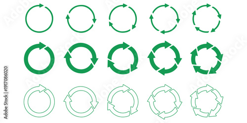 Set of circle arrows rotating on white background. Refresh, reload, recycle, loop rotation sign collection. Black circle arrows for infographics, web design. Vector illustration, flat style, clip art.