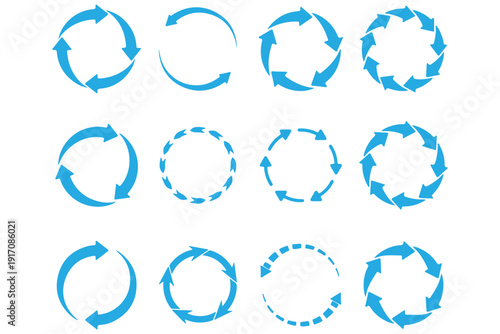 Set of circle arrows rotating on white background. Refresh, reload, recycle, loop rotation sign collection. Black circle arrows for infographics, web design. Vector illustration, flat style, clip art.