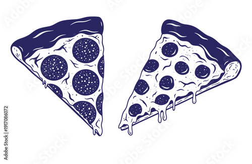 Grunge texture Two slices of pepperoni pizza with melted cheese on white background Vintage Style