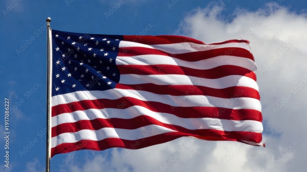 Fototapeta premium Waving american flag against blue sky with clouds.