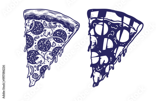 Grunge texture Two slices of pizza with different toppings drawn in a sketch style on white background Vintage Style