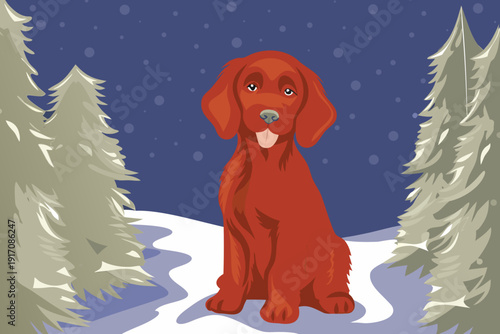 Energetic puppy sitting among pine trees on snowy winter day playfully approaching camera giving friendly lick joyful outdoor scene soft cold light