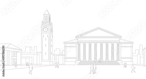 Vector illustration of city buildings with clock tower