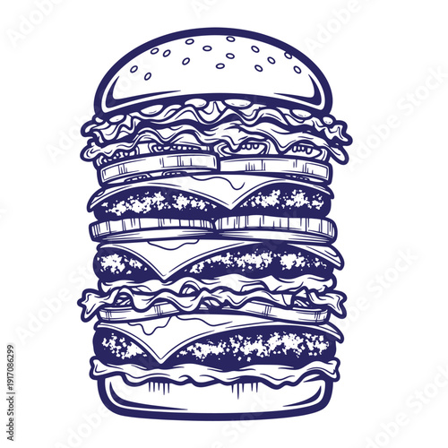 Grunge texture blue illustration of a giant hamburger with multiple layers of meat cheese and lettuce Vintage Style