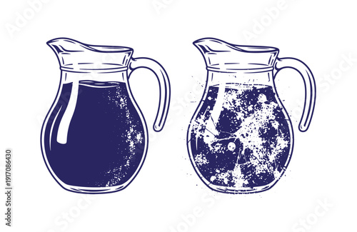 Grunge texture Two vintagestyle glass jugs filled with dark liquid one full and one with splashes and bubbles  kitchenware for drinks Vintage Style
