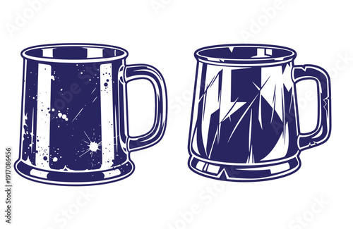 Grunge texture Two vintagestyle navy blue beer mugs with handles and distressed texture on white background Vintage Style