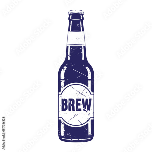 Grunge texture Dark blue beer bottle with white label and brew text on white background Vintage Style