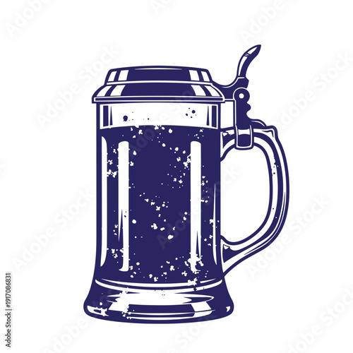 Grunge texture Dark blue beer mug with lid and handle on white background  illustration Vintage Style