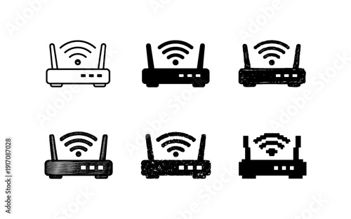 Collection of six different router icons showing various styles and textures for connectivity