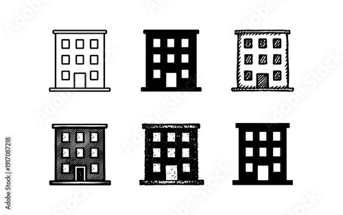 Collection of six building icons with different styles and textures for design