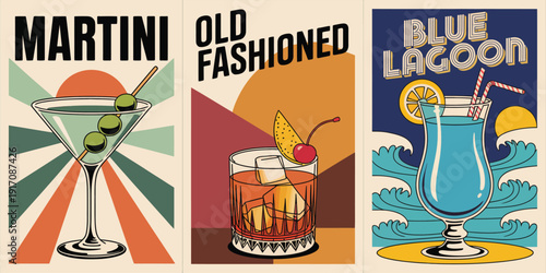 Martini poster, bold black headline with classic old fashioned cocktail in rocks glass featuring lemon peel and cherry garnish