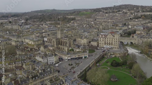 Establishing aerial view of Bath, beautiful city in Somerset, England, United Kingdom