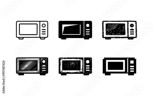 Collection of six microwave oven icons in various styles and textures