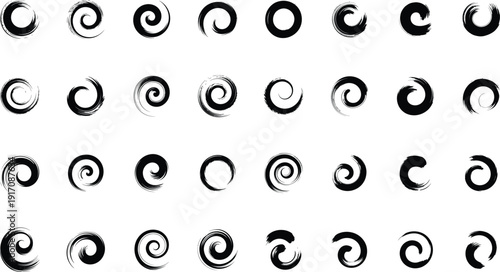Hand-Painted Spiral Circle Brush Marks - Zen Enso Meditation Rings with Authentic Bristle Texture for Brand Identity Design and Abstract Art - 32 Unique Variations Vector Pack