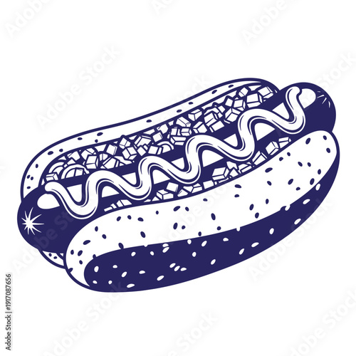 Grunge texture Delicious hot dog with sesame seed bun and condiments  tasty food illustration Vintage Style