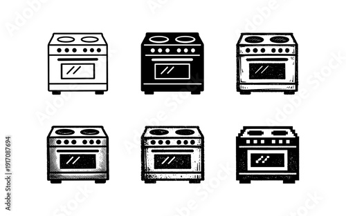 Collection of six different stove and oven icons in various styles and textures