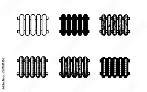 Collection of six different radiator icons in various styles and textures on a white background