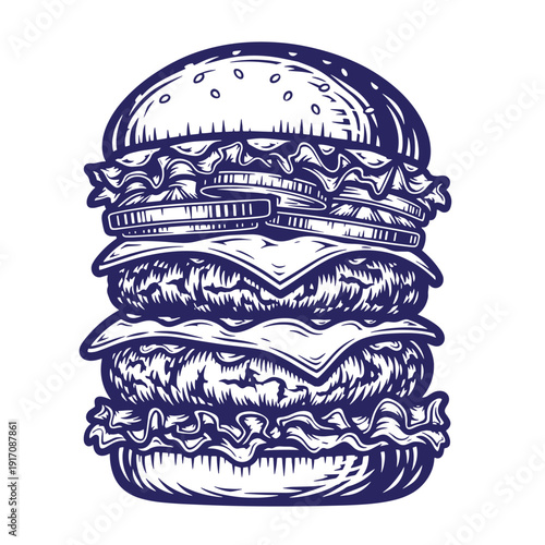 Grunge texture Double decker hamburger with cheese lettuce and tomato illustration Vintage Style