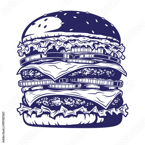 Grunge texture Double decker burger with cheese lettuce tomato and condiments on white background Vintage Style