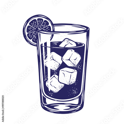 Grunge texture Glass of cola drink with ice cubes and lemon slice on white background Vintage Style